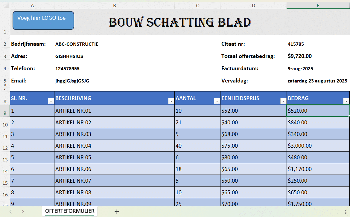"Excel-sjabloon Bouw Schatting Blad met bedrijfsinformatie, offertegegevens en tabel van artikelen met aantallen, eenheidsprijzen en totale bedragen."