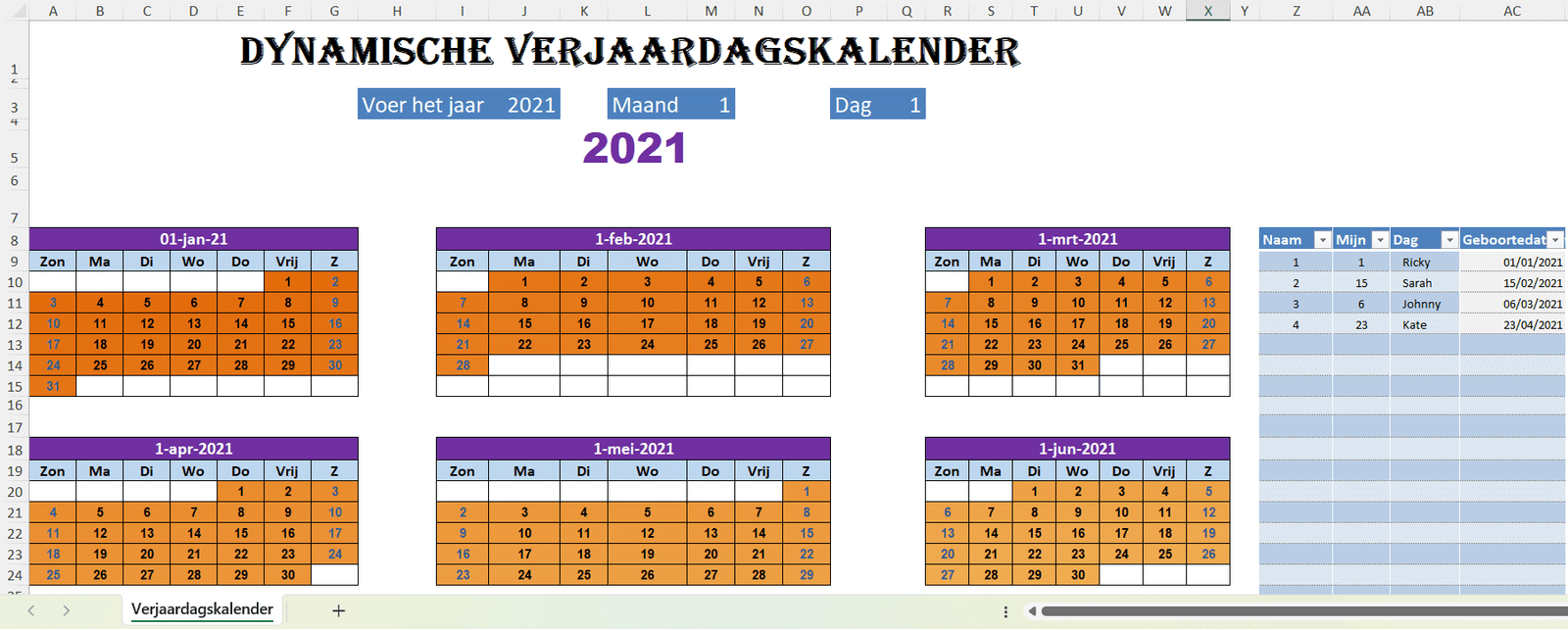 Screenshot van Excel-sjabloon dynamische verjaardagskalender met maandelijkse kalender en lijst met namen en geboortedata