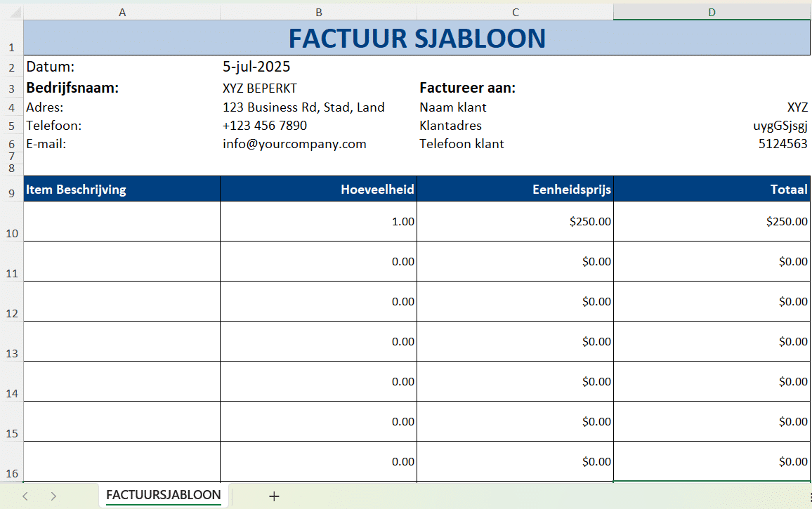 Excel factuursjabloon met velden voor bedrijfsgegevens, klantinformatie, productbeschrijving, hoeveelheid, eenheidsprijs en totaalbedrag.