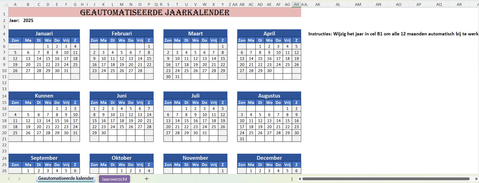 Screenshot van Excel-sjabloon geautomatiseerde jaarkalender die automatisch alle maanden van het gekozen jaar genereert