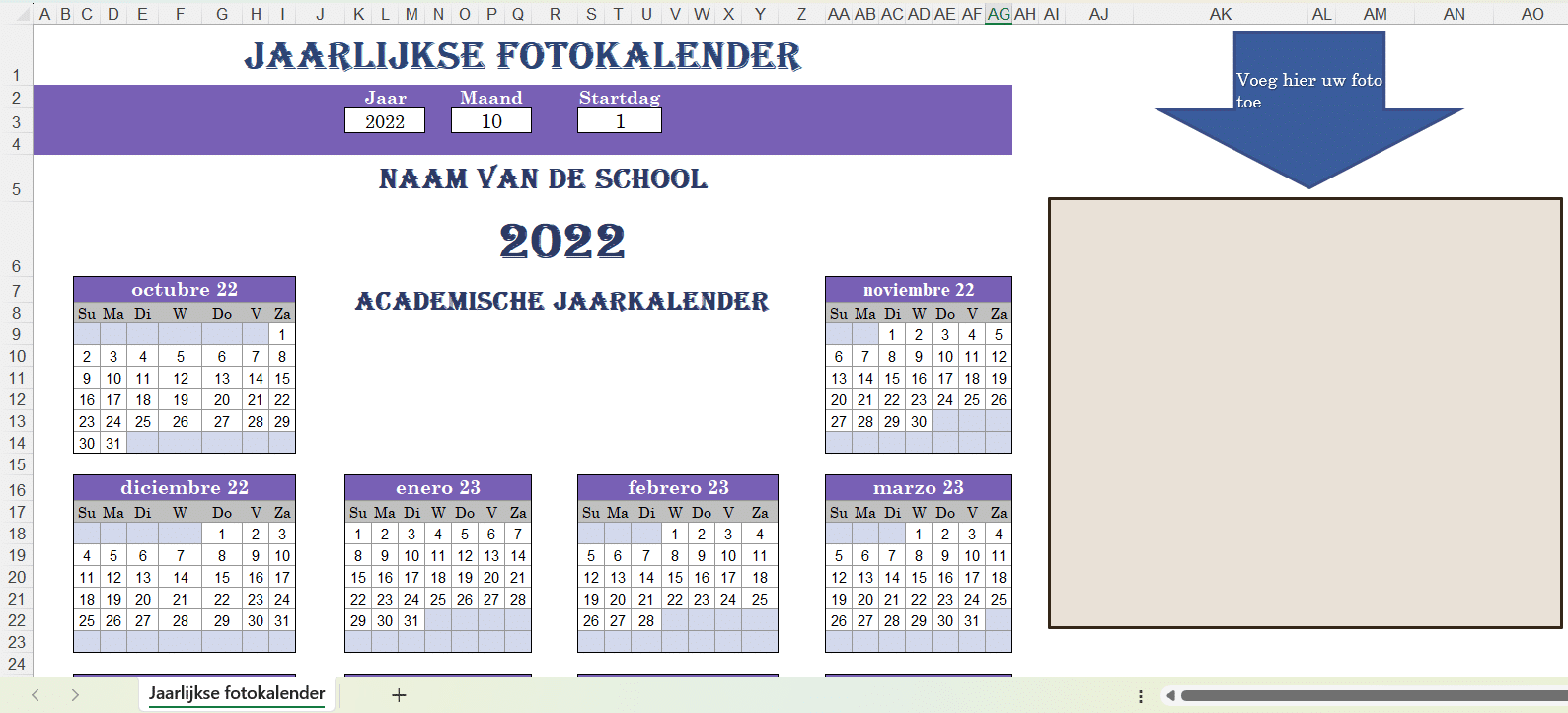 Screenshot van Excel-sjabloon jaarlijkse fotokalender met maandelijkse kalenders en ruimte om foto’s toe te voegen