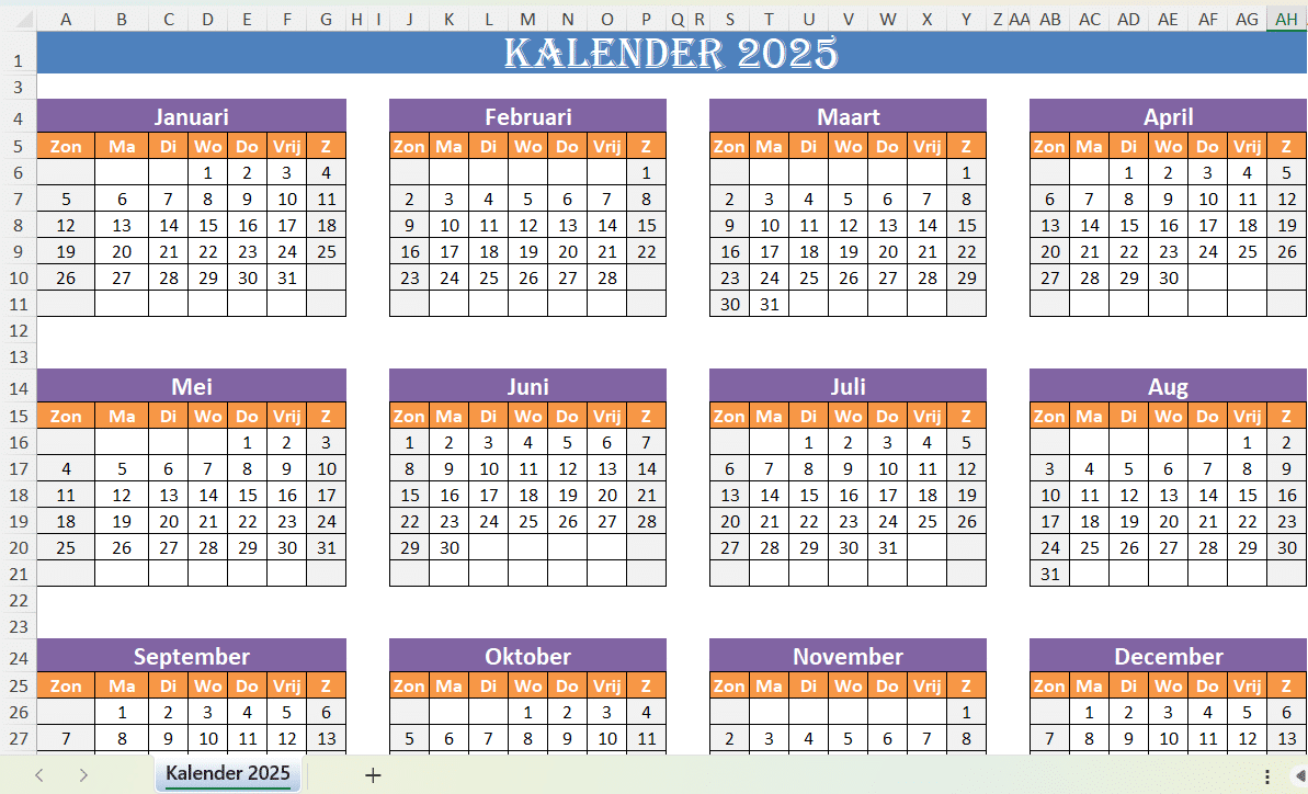 Screenshot van Excel-sjabloon kalender 2025 met maandelijkse overzichten van januari tot december