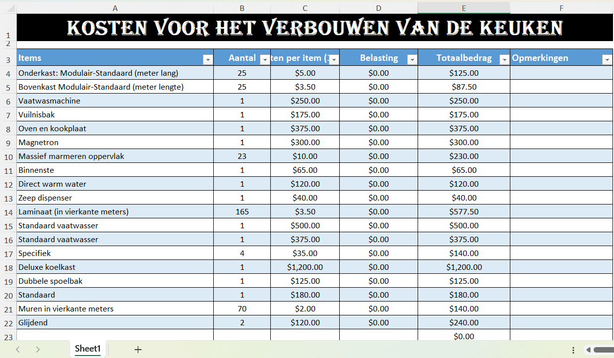 "Excel-sjabloon voor keukenrenovatie met kostenoverzicht per item, inclusief aantal, prijs per item, belasting en totaalbedrag."