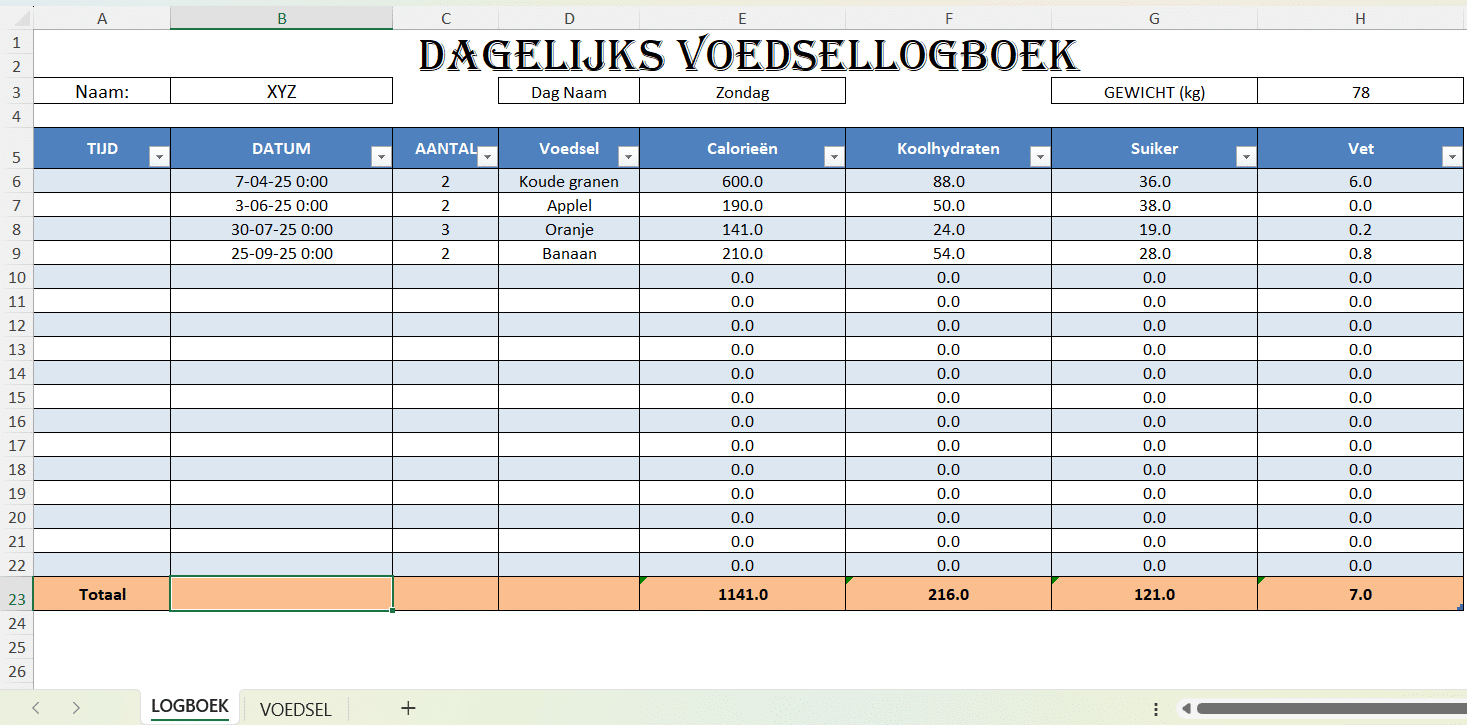Excel sjabloon voor dagelijks voedsel logboek met kolommen voor datum, aantal, voeding, calorieën, koolhydraten, suiker en vet.