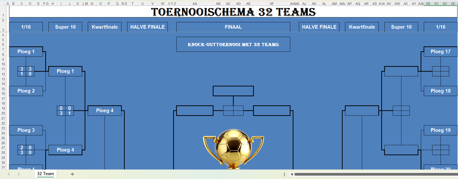 Excel-sjabloon voor een knock-outtoernooi met 32 teams in een overzichtelijk toernooischema met rondes van 1/16 tot de finale.