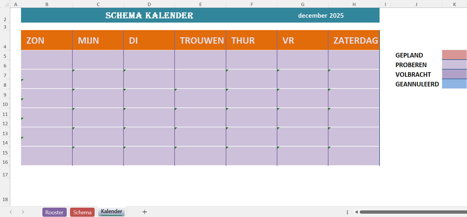 Excel-sjabloon voor maandkalender met teamrooster en statusoverzicht per dag (gepland, geprobeerd, volbracht en geannuleerd).