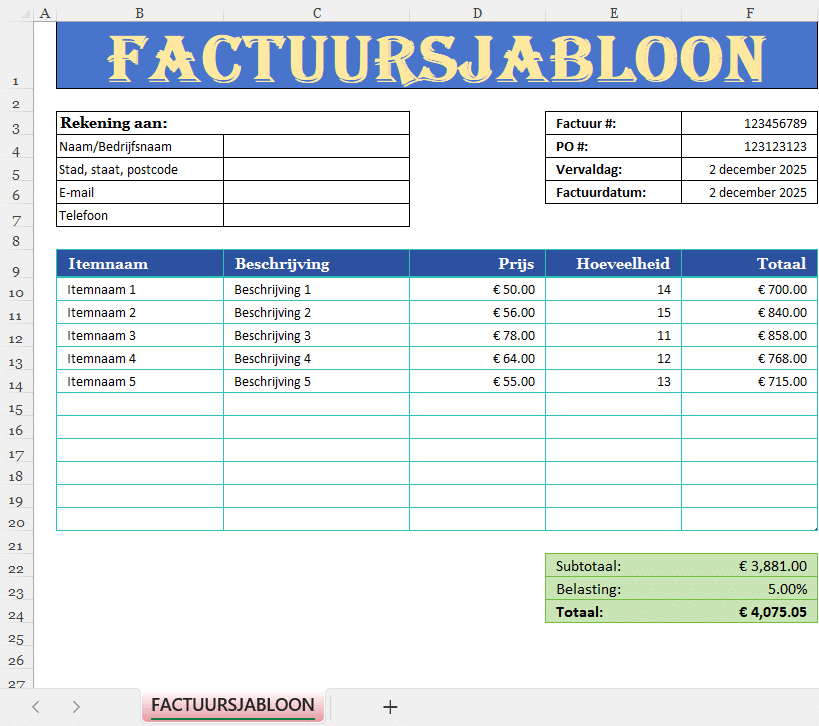 “Excel-factuursjabloon met klantgegevens, factuurnummer, tabel met items, prijzen, hoeveelheden en automatisch berekend totaalbedrag.”