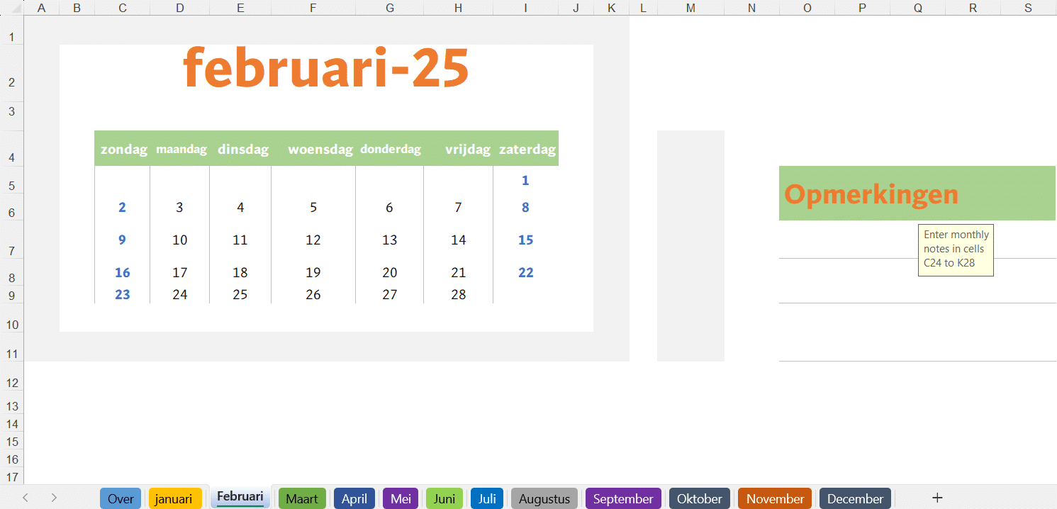 „Excel-kalendersjabloon voor februari 2025 met maandweergave, weekdagen en ruimte voor opmerkingen.“