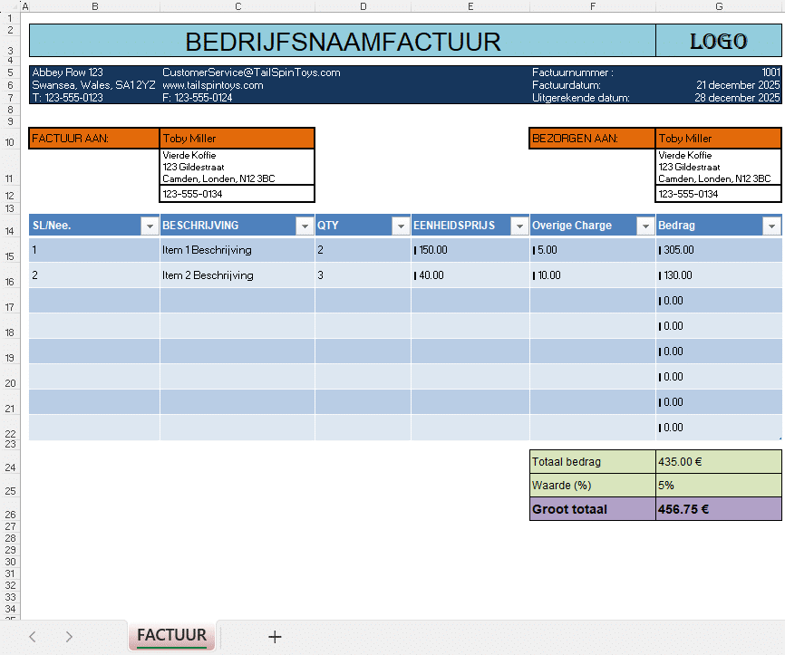 “Excel basisfactuur met eenheidsprijs, bedrijfs- en klantgegevens, productbeschrijving, aantallen, prijzen, btw-berekening en totaalbedrag.”