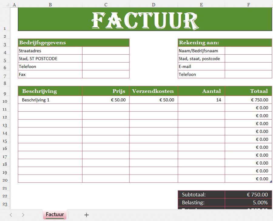 Excel factuursjabloon met btw-berekening, verzendkosten, aantallen en automatisch totaalbedrag