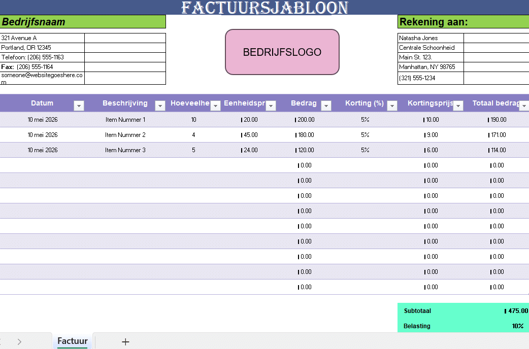 Kleurrijk Excel-factuursjabloon met bedrijfslogo, klantgegevens, productregels, kortingen en automatische totaalberekening