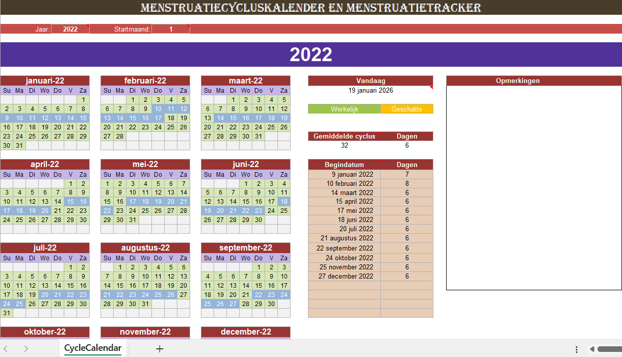 Menstruatiecyclus kalender in Excel met overzicht van cyclus en ovulatie