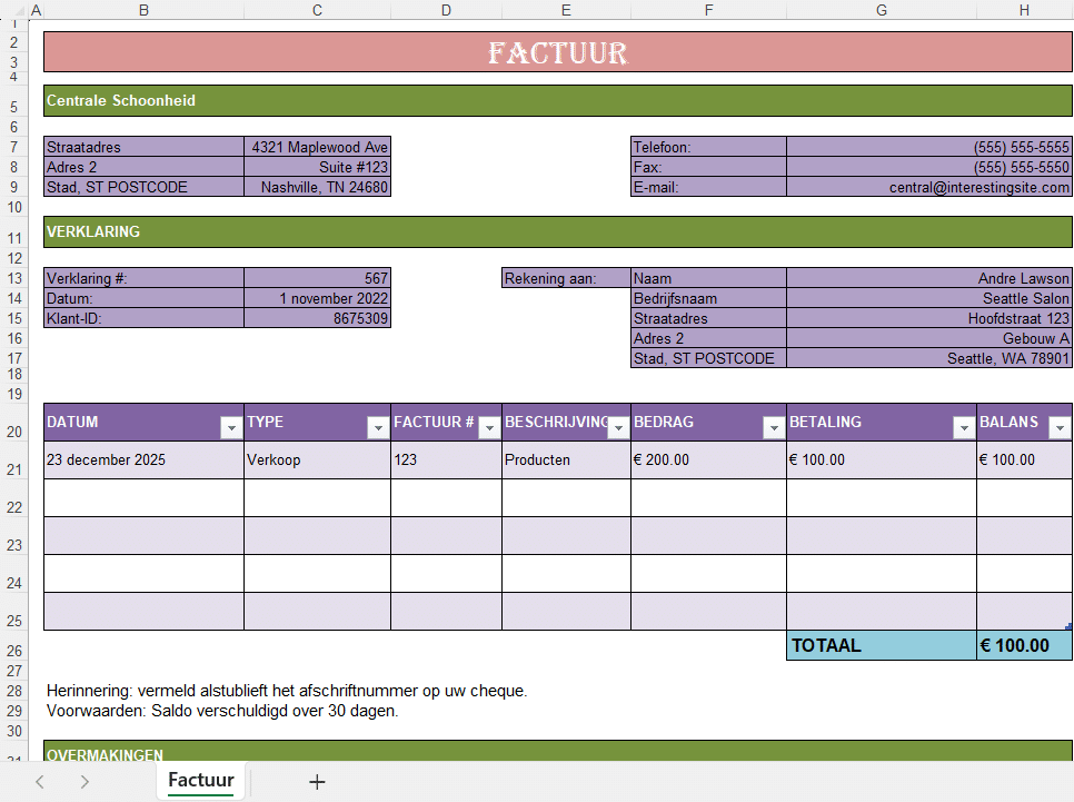 Factuuroverzicht in Excel met klantgegevens, transacties, betalingen en automatisch berekende balans