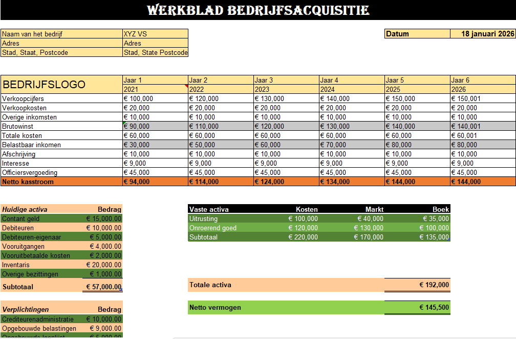 Werkblad bedrijfsovername in Excel voor analyse en due diligence