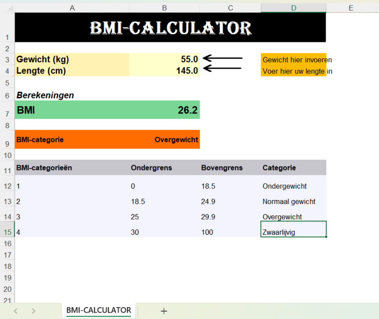 Screenshot van Excel-sjabloon BMI-calculator met invoervelden voor gewicht en lengte, automatische BMI-berekening en categorie-indeling