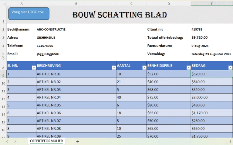 "Excel-sjabloon Bouw Schatting Blad met bedrijfsinformatie, offertegegevens en tabel van artikelen met aantallen, eenheidsprijzen en totale bedragen."