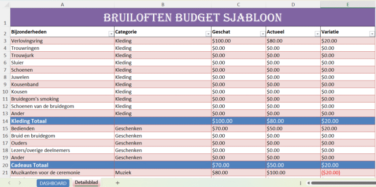 Screenshot van Excel-sjabloon huwelijksbudget met categorieën zoals kleding, geschenken en muziek