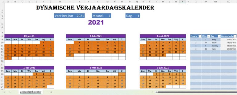 Screenshot van Excel-sjabloon dynamische verjaardagskalender met maandelijkse kalender en lijst met namen en geboortedata