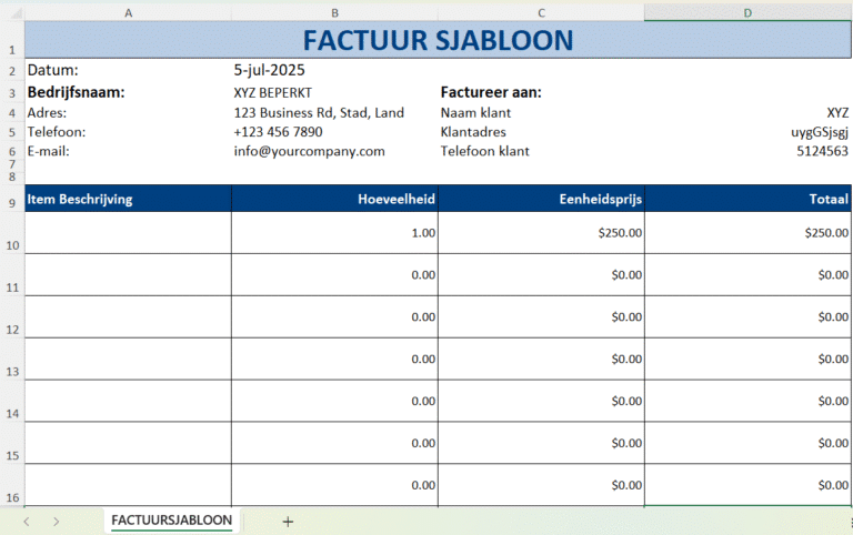 Excel factuursjabloon met velden voor bedrijfsgegevens, klantinformatie, productbeschrijving, hoeveelheid, eenheidsprijs en totaalbedrag.