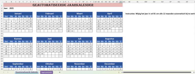 Screenshot van Excel-sjabloon geautomatiseerde jaarkalender die automatisch alle maanden van het gekozen jaar genereert