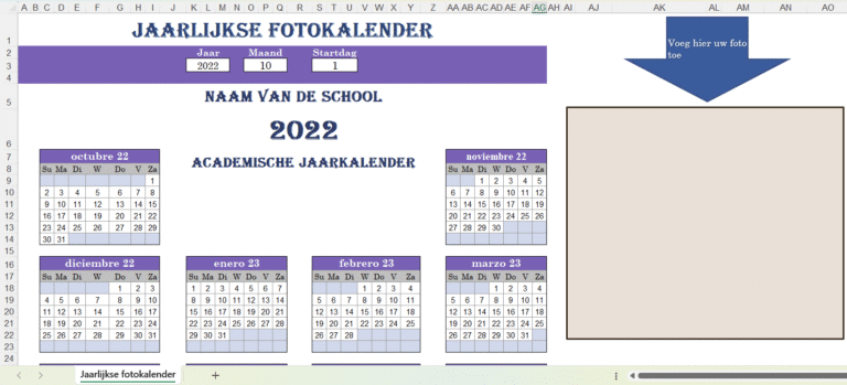 Screenshot van Excel-sjabloon jaarlijkse fotokalender met maandelijkse kalenders en ruimte om foto’s toe te voegen