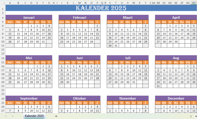 Screenshot van Excel-sjabloon kalender 2025 met maandelijkse overzichten van januari tot december