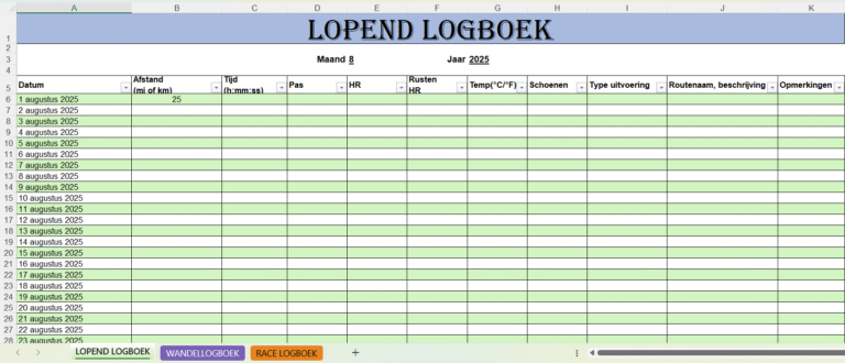 Excel sjabloon lopend logboek 2025 met kolommen voor datum, afstand, tijd, hartslag, schoenen, uitvoering en routebeschrijving