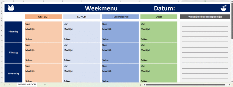 Screenshot van Excel-sjabloon maaltijdschema met weekmenu en boodschappenlijst