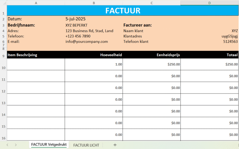 Eenvoudig Excel factuursjabloon met bedrijfs- en klantgegevens, regeltabel, btw-berekening en totaalbedrag.
