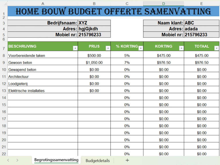 Excel-sjabloon woningbouwbudget met overzicht van kostenposten, prijzen, kortingen en totaalkosten per categorie.