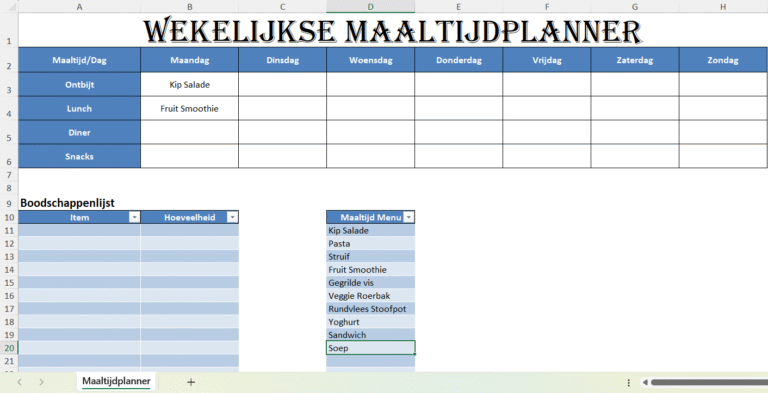 Wekelijkse maaltijdplanner in Excel met weekmenu, receptkeuze en automatische boodschappenlijst.