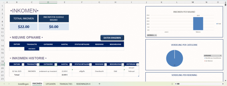 Screenshot van Excel-sjabloon persoonlijke financiën met overzicht van inkomsten, categorieën en grafieken