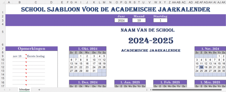 Excel-sjabloon voor de academische jaarkalender met maandelijkse kalenders, schooljaar 2024–2025 en ruimte voor opmerkingen.