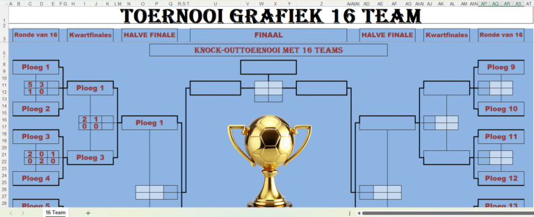 Toernooischema in Excel voor 16 teams met knock-outstructuur, inclusief rondes van 16, kwartfinales, halve finales en finale, weergegeven met een gouden beker in het midden.