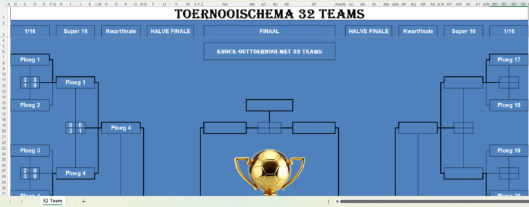 Excel-sjabloon voor een knock-outtoernooi met 32 teams in een overzichtelijk toernooischema met rondes van 1/16 tot de finale.