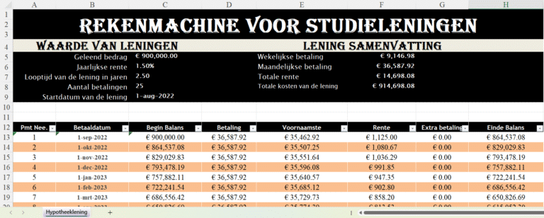 Excel-sjabloon voor studieleningen met maandelijkse en jaarlijkse berekeningen van rente, aflossingen en totale kosten.