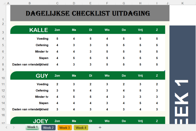 Excel-sjabloon voor dagelijkse checklist-uitdaging met weekoverzicht van gewoonten, voeding, oefening en slaap per persoon.