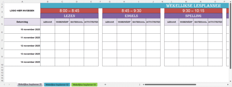 “Screenshot van een wekelijkse lesplanner in Excel met tijdsblokken, vakken en tabelsecties voor leraar, onderwerp, materiaal en activiteiten.”