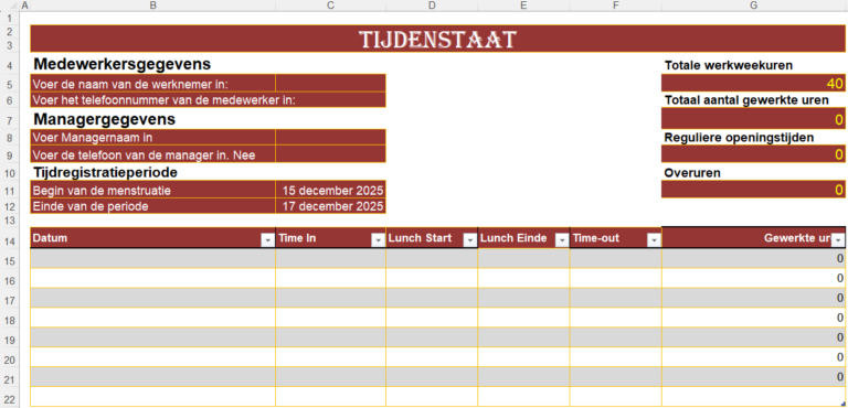 Tijdenstaat Excel-sjabloon voor bedrijven met urenregistratie, pauzes en overuren