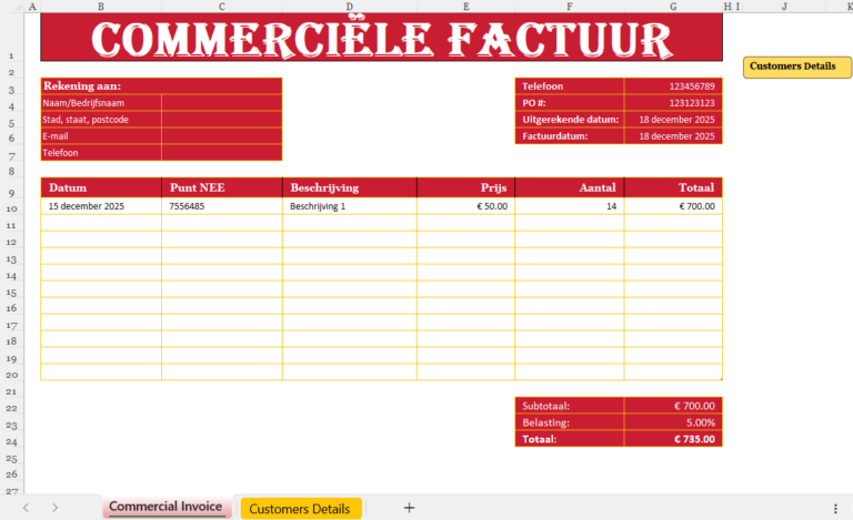 Commerciële factuur Excel-sjabloon met klantgegevens, productregels, prijzen, btw en totaalbedrag