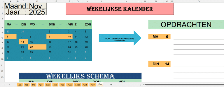 „Wekelijkse Excel-planningssjabloon met kalenderoverzicht, takenruimte en weekindeling.“
