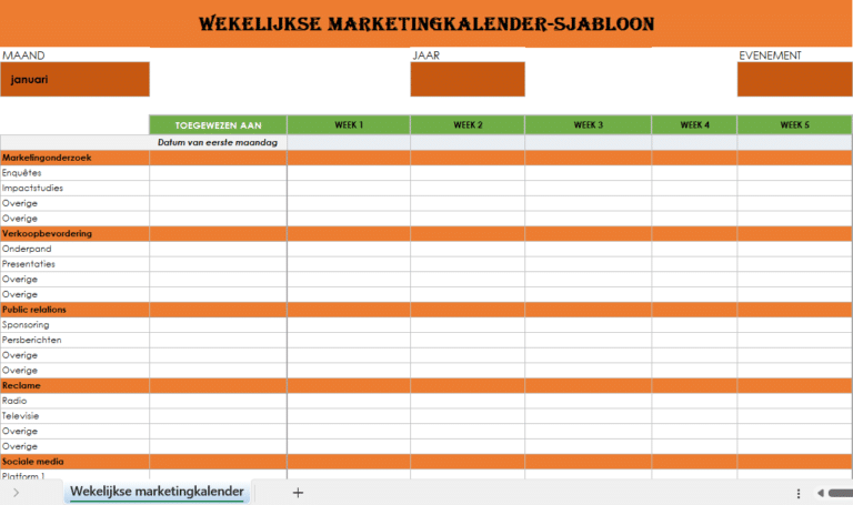 Wekelijkse marketingkalender in Excel met maand-, jaar- en weekplanning voor marketingactiviteiten