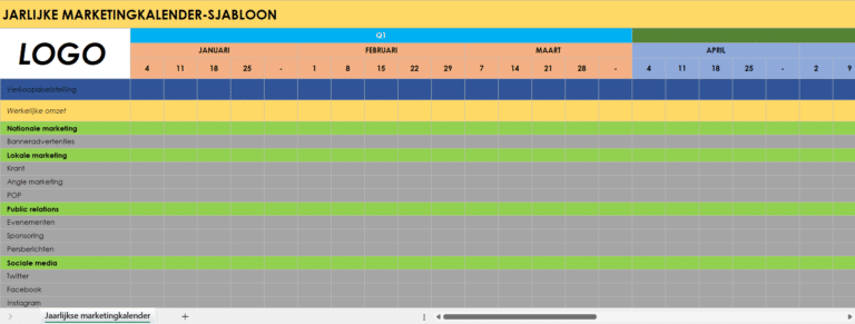 Jaarlijkse marketingkalender in Excel met maand- en weekoverzicht voor het plannen van marketingcampagnes, verkoopdoelstellingen en promotionele activiteiten.