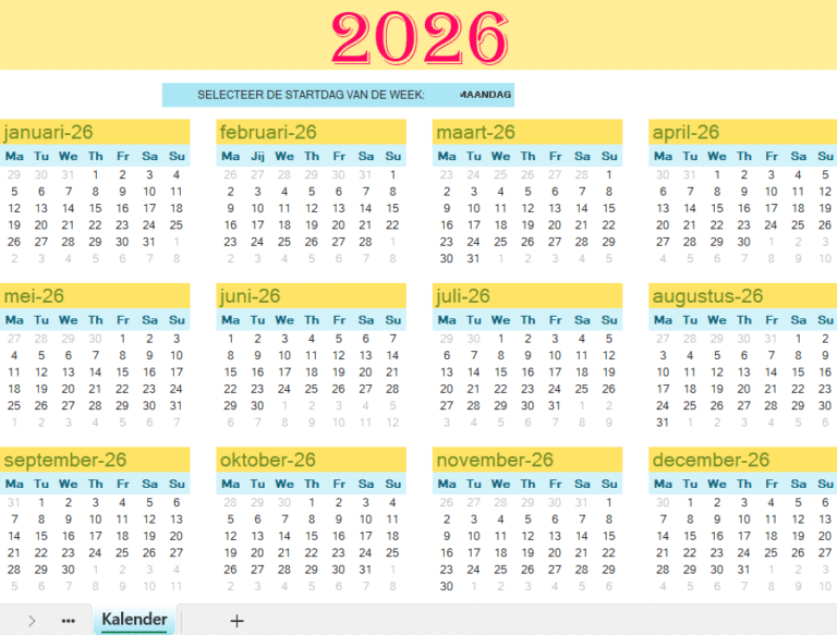Jaarlijkse kalender 2026 in Excel met maandoverzicht en instelbare startdag van de week