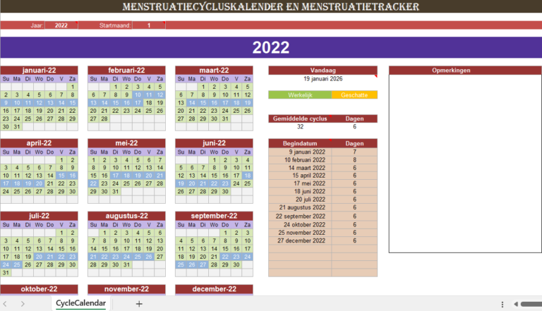 Menstruatiecyclus kalender in Excel met overzicht van cyclus en ovulatie