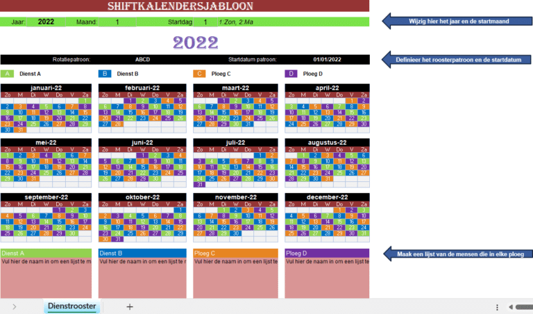 Shiftkalender Excel-sjabloon met ploegenschema, rotatiepatroon A-B-C-D en maandelijkse dienstplanning