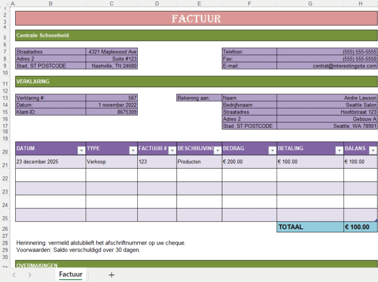 Factuuroverzicht in Excel met klantgegevens, transacties, betalingen en automatisch berekende balans
