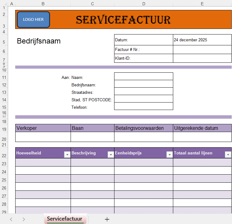Servicefactuur Excel-sjabloon met bedrijfsgegevens, klantinformatie en overzichtelijke tabel voor diensten en prijzen